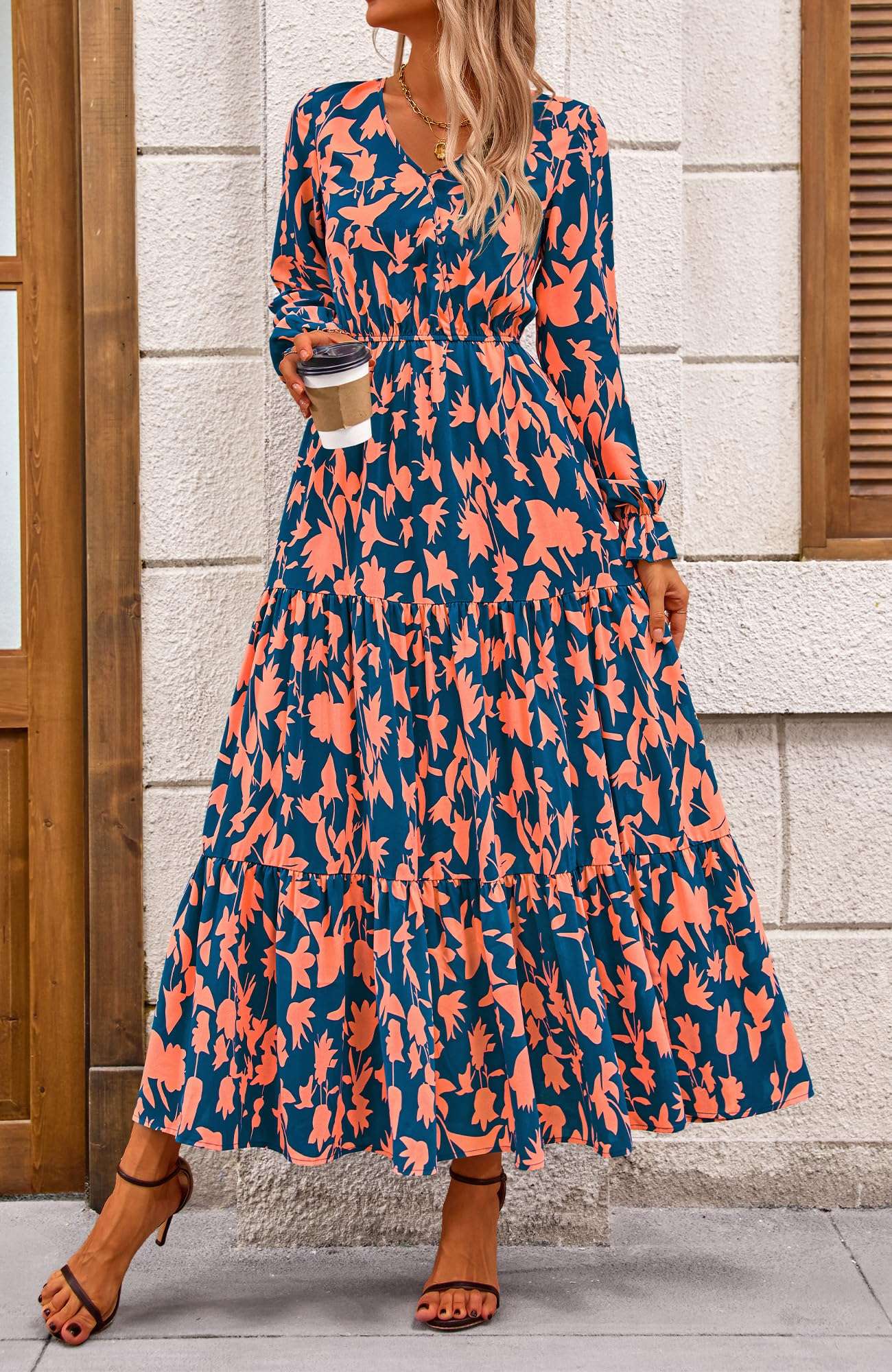 BTFBM Women Fall Dresses 2025 Casual Long Sleeve V Neck Maxi Dresses Floral Boho Long Dress Wedding Guest Dress - Image 3