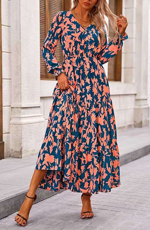 BTFBM Women Fall Dresses 2025 Casual Long Sleeve V Neck Maxi Dresses Floral Boho Long Dress Wedding Guest Dress - Image 4
