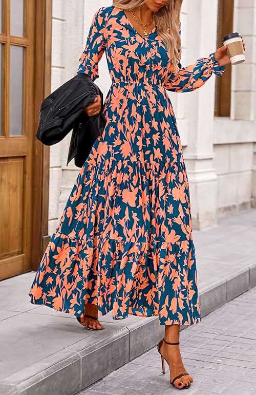 BTFBM Women Fall Dresses 2025 Casual Long Sleeve V Neck Maxi Dresses Floral Boho Long Dress Wedding Guest Dress - Image 6