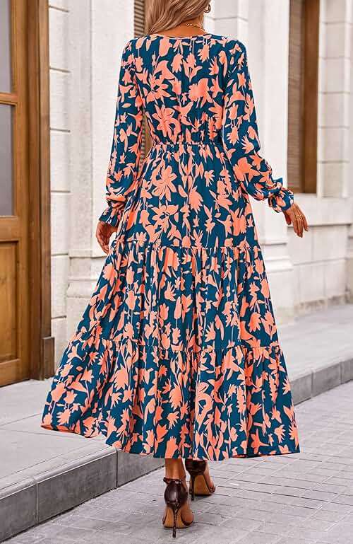 BTFBM Women Fall Dresses 2025 Casual Long Sleeve V Neck Maxi Dresses Floral Boho Long Dress Wedding Guest Dress - Image 7