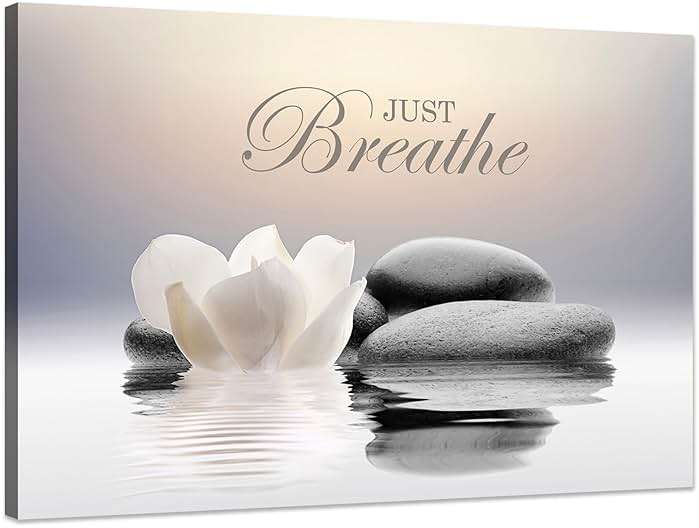 Zen Stone Canvas Wall Art Just Breathe Yoga Quotes Poster for Spa Decor White Lotus Flower Pictures Prints for Bathroom Modern Spiritual Artwork Framed (12 x 16inches) - Image 1