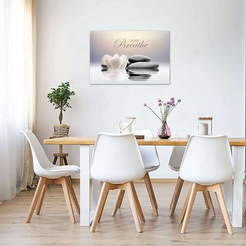 Zen Stone Canvas Wall Art Just Breathe Yoga Quotes Poster for Spa Decor White Lotus Flower Pictures Prints for Bathroom Modern Spiritual Artwork Framed (12 x 16inches) - Image 5