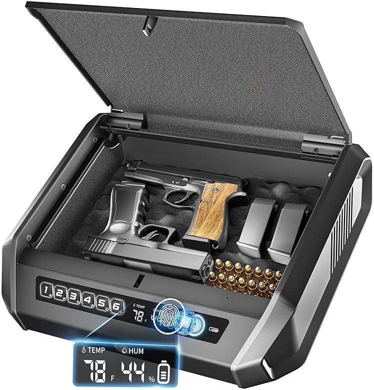 TOPMEDA Gun Safe with LCD Display, ≤0.1s Quick Access Large Handgun Safe for Pistols, Hand Gun Lock Box with Fingerprint, Keypad, Key, Car, Home, Bedside, Nightstand, AA Battery Emergency Power - Image 1