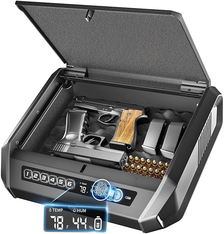 TOPMEDA Gun Safe with LCD Display, ≤0.1s Quick Access Large Handgun Safe for Pistols, Hand Gun Lock Box with Fingerprint, Keypad, Key, Car, Home, Bedside, Nightstand, AA Battery Emergency Power - Product Image