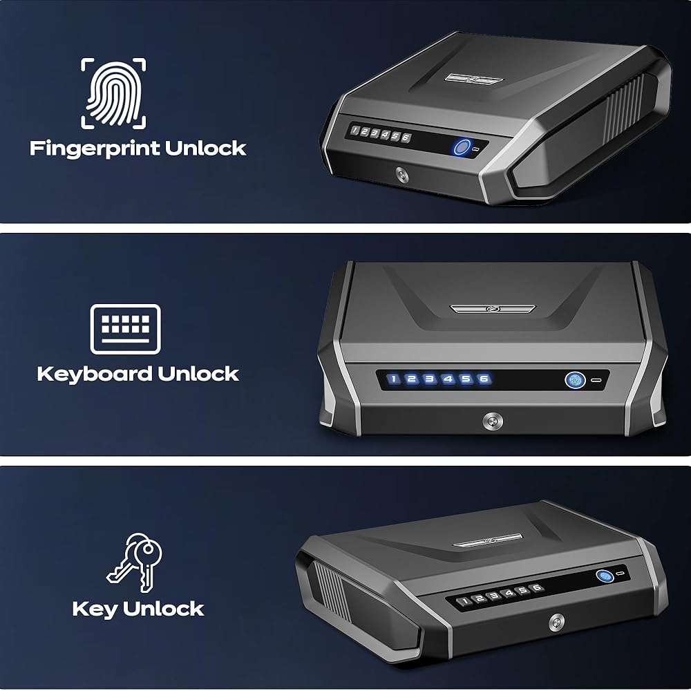 TOPMEDA Gun Safe with LCD Display, ≤0.1s Quick Access Large Handgun Safe for Pistols, Hand Gun Lock Box with Fingerprint, Keypad, Key, Car, Home, Bedside, Nightstand, AA Battery Emergency Power - Image 3