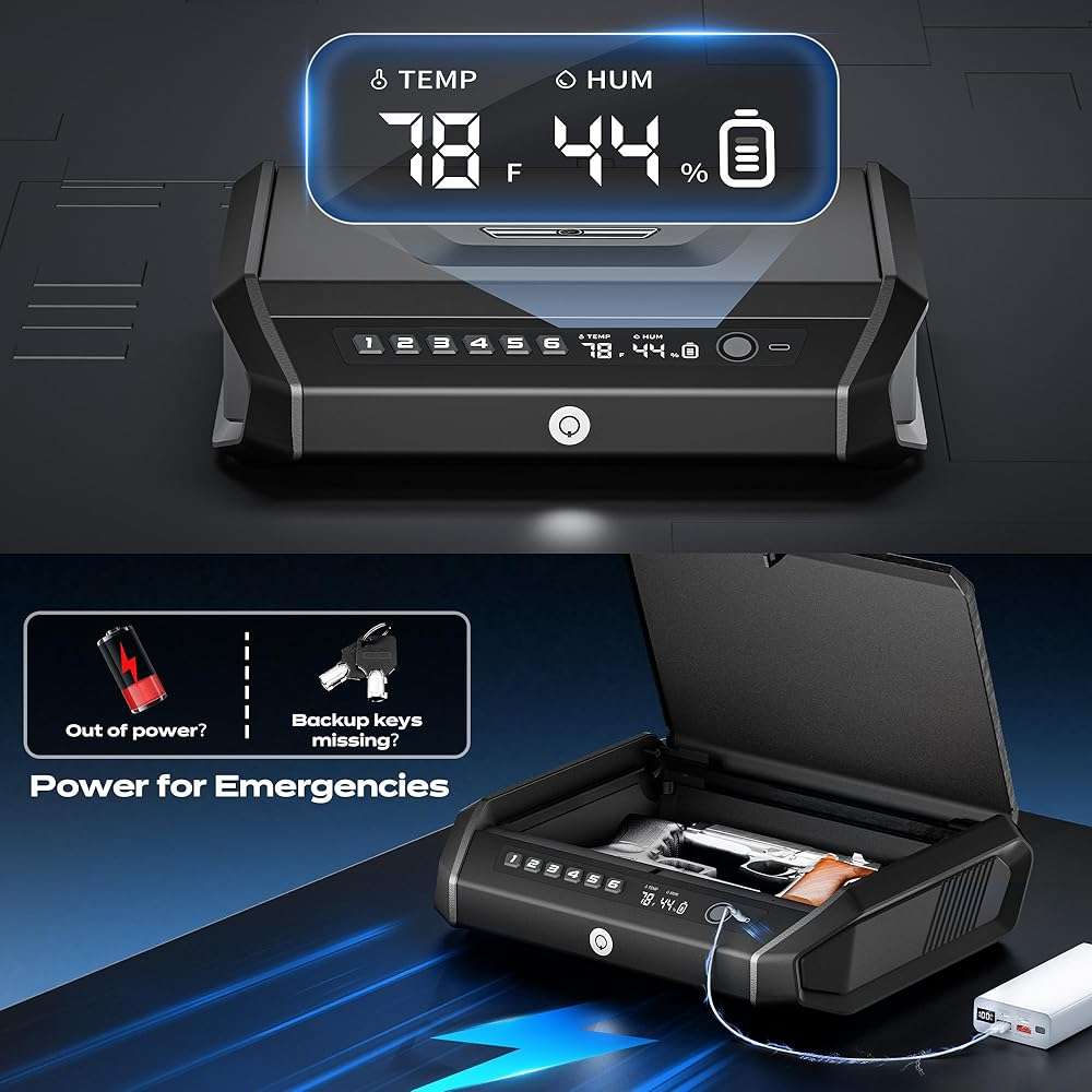 TOPMEDA Gun Safe with LCD Display, ≤0.1s Quick Access Large Handgun Safe for Pistols, Hand Gun Lock Box with Fingerprint, Keypad, Key, Car, Home, Bedside, Nightstand, AA Battery Emergency Power - Image 4