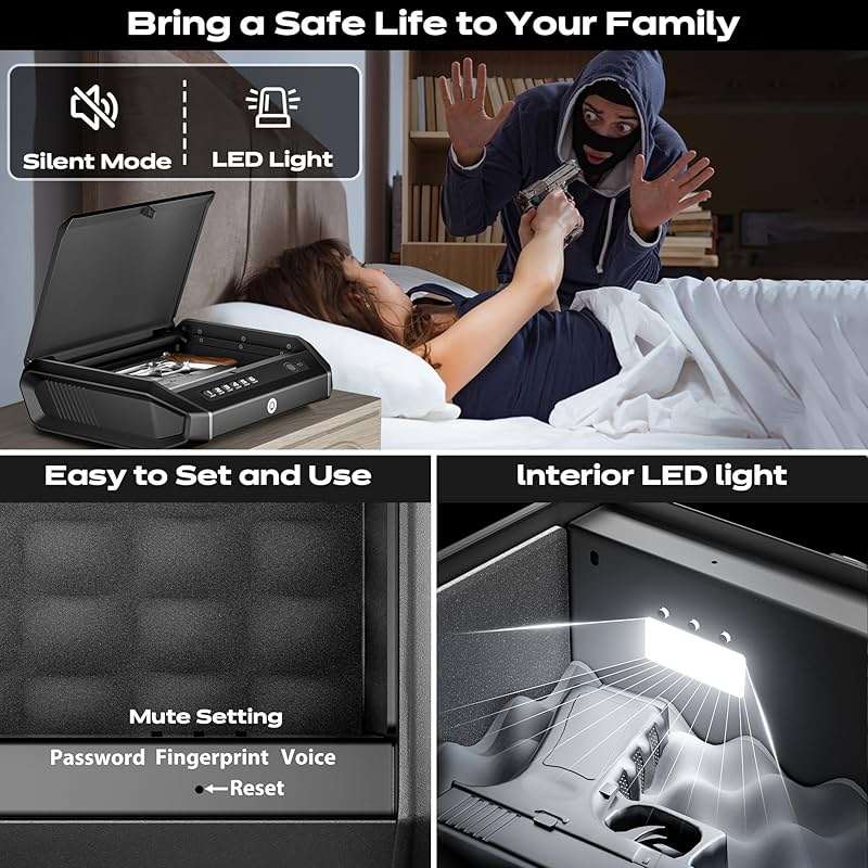 TOPMEDA Gun Safe with LCD Display, ≤0.1s Quick Access Large Handgun Safe for Pistols, Hand Gun Lock Box with Fingerprint, Keypad, Key, Car, Home, Bedside, Nightstand, AA Battery Emergency Power - Image 6