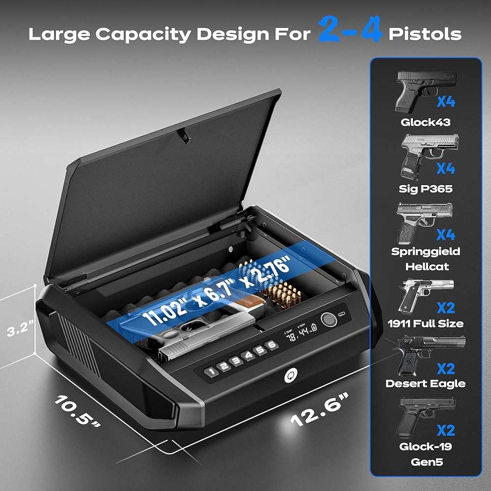 TOPMEDA Gun Safe with LCD Display, ≤0.1s Quick Access Large Handgun Safe for Pistols, Hand Gun Lock Box with Fingerprint, Keypad, Key, Car, Home, Bedside, Nightstand, AA Battery Emergency Power - Image 7