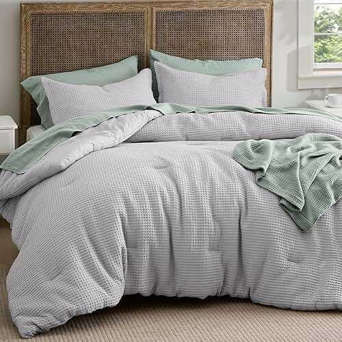 Bedsure Waffle Comforter Set Queen, Grey Soft Bedding, Waffle Weave Bed Set, 3 Pieces, 1 Comforter (90"x90") and 2 Pillow Shams, Cotton Shell and Polyester Lining for All Seasons - Image 2