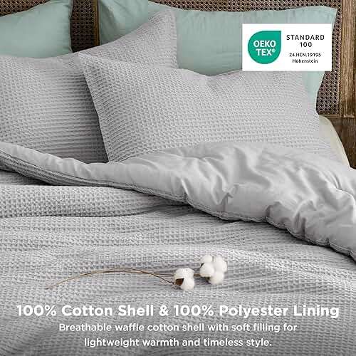 Bedsure Waffle Comforter Set Queen, Grey Soft Bedding, Waffle Weave Bed Set, 3 Pieces, 1 Comforter (90"x90") and 2 Pillow Shams, Cotton Shell and Polyester Lining for All Seasons - Image 3