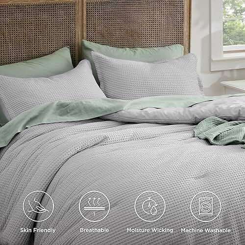 Bedsure Waffle Comforter Set Queen, Grey Soft Bedding, Waffle Weave Bed Set, 3 Pieces, 1 Comforter (90"x90") and 2 Pillow Shams, Cotton Shell and Polyester Lining for All Seasons - Image 4