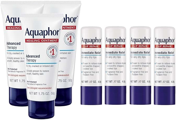 Aquaphor Skin Care Set, Healing Ointment & Lip Repair Sticks, Multi-Purpose Moisturizer for Dry Skin & Chapped Lips, 3x1.75 Oz Tube + 4x0.17 Oz Stick - Product Image