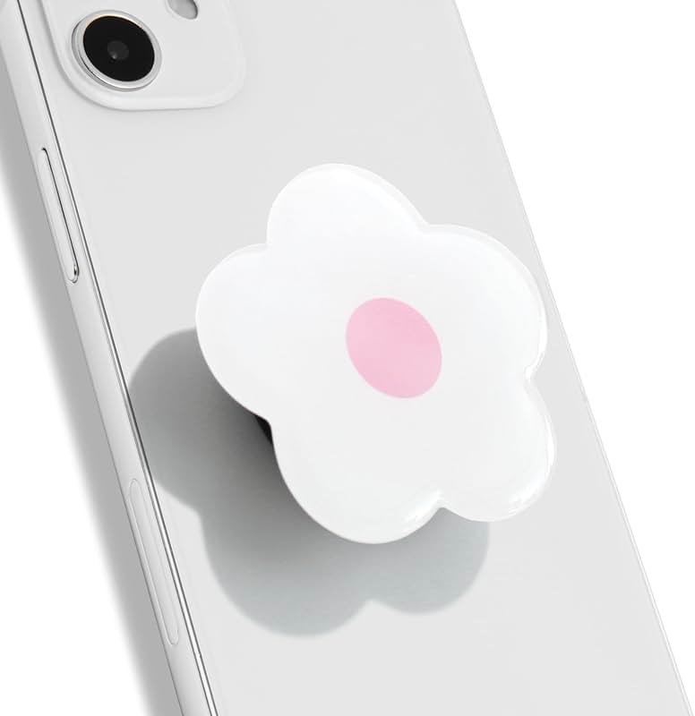 OnTheGrip Cute Solid Color Daisy Flower Design Collapsible Mobile Phone Grip Stand Holder for Smartphone Tablet Cell Phone Accessory (White Pink) - Product Image