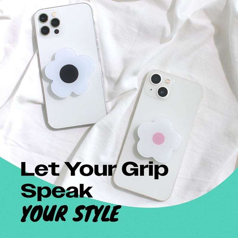 OnTheGrip Cute Solid Color Daisy Flower Design Collapsible Mobile Phone Grip Stand Holder for Smartphone Tablet Cell Phone Accessory (White Pink) - Image 3