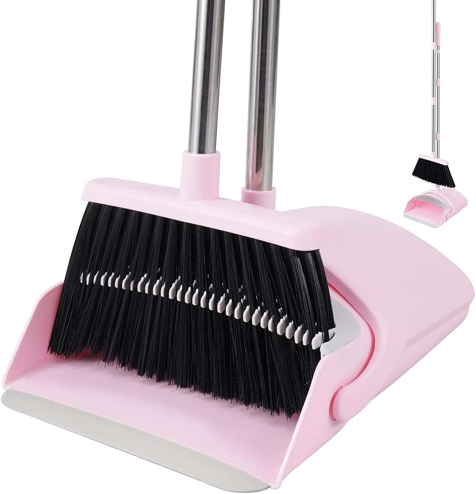 BSKLIN Broom and Dustpan Set for Home, 52” Long Handle Broom with Dustpan Combo Set with Dust Pan Teeth to Clean Hair Sweeping Set for Kitchen Hardwood Floors Pet Hair (Pink) - Image 1