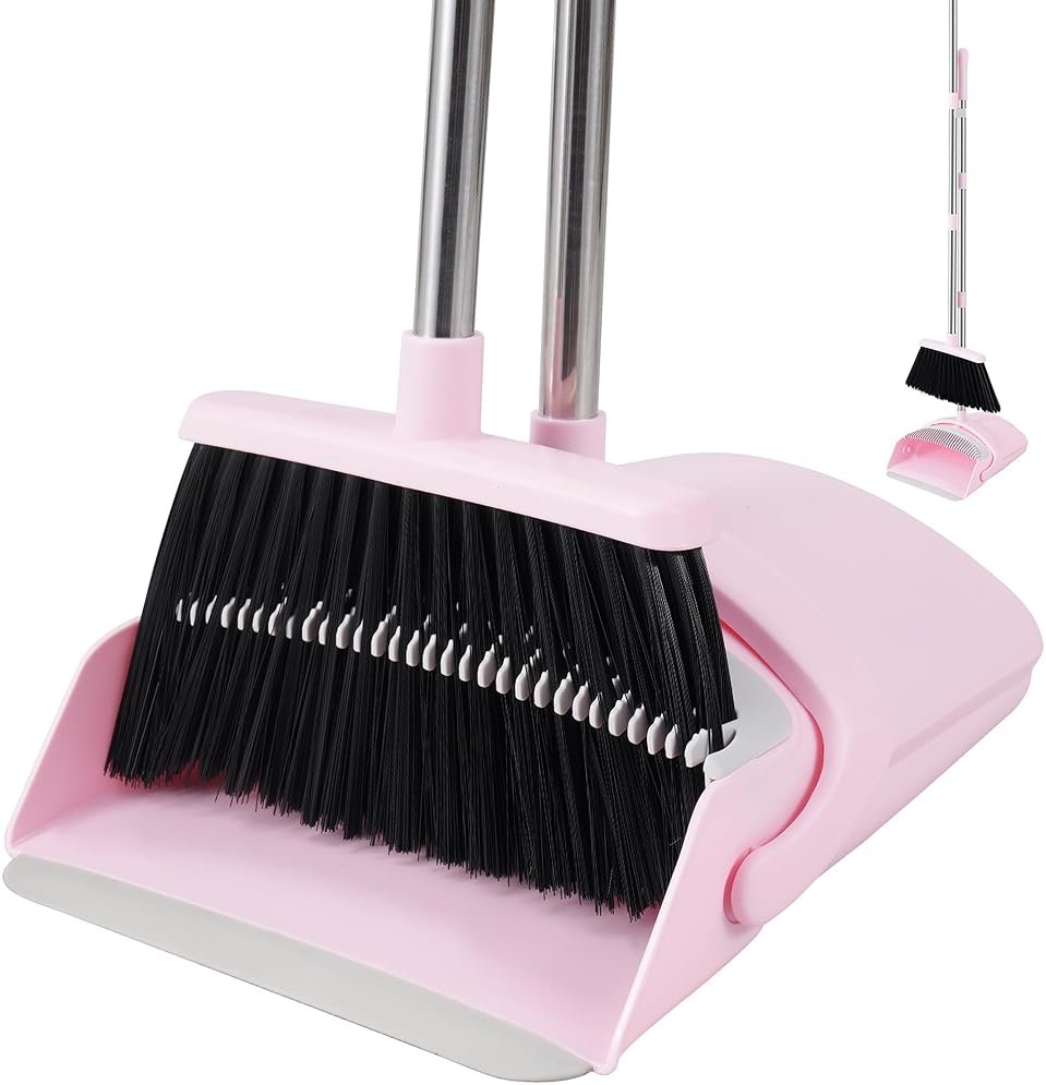 BSKLIN Broom and Dustpan Set for Home, 52” Long Handle Broom with Dustpan Combo Set with Dust Pan Teeth to Clean Hair Sweeping Set for Kitchen Hardwood Floors Pet Hair (Pink) - Product Image