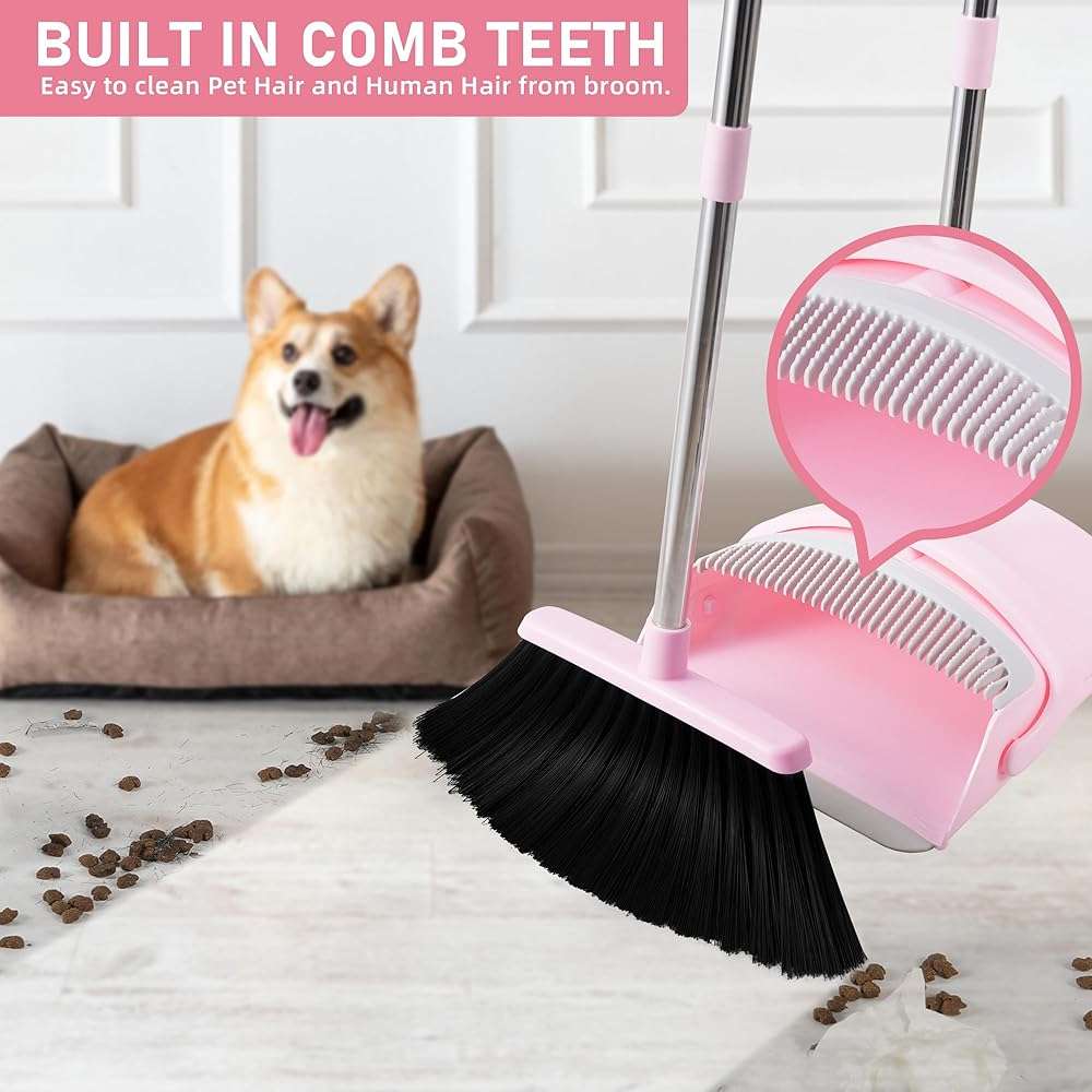 BSKLIN Broom and Dustpan Set for Home, 52” Long Handle Broom with Dustpan Combo Set with Dust Pan Teeth to Clean Hair Sweeping Set for Kitchen Hardwood Floors Pet Hair (Pink) - Image 4