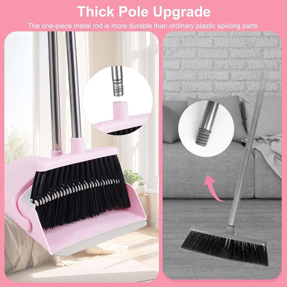 BSKLIN Broom and Dustpan Set for Home, 52” Long Handle Broom with Dustpan Combo Set with Dust Pan Teeth to Clean Hair Sweeping Set for Kitchen Hardwood Floors Pet Hair (Pink) - Image 7