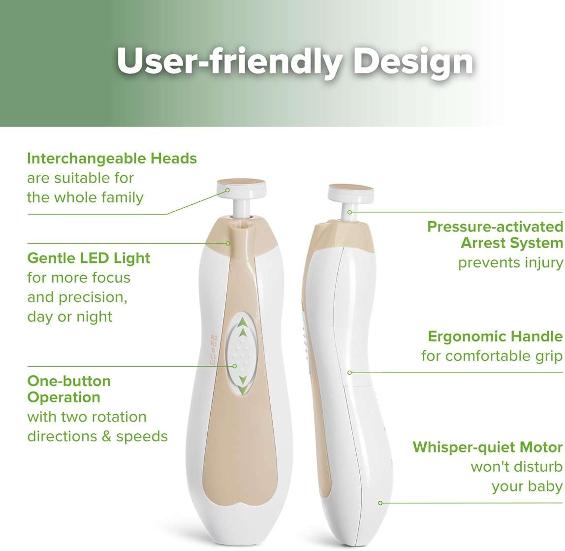 haakaa Electric Baby Nail Trimmer for Newborns, Infants & Toddlers – Safe & Gentle Nail Care, Whisper-Quiet with LED Light, Baby Nail Care Kit, Includes 6 Replacement Heads & Storage Case, Acorn - Image 5