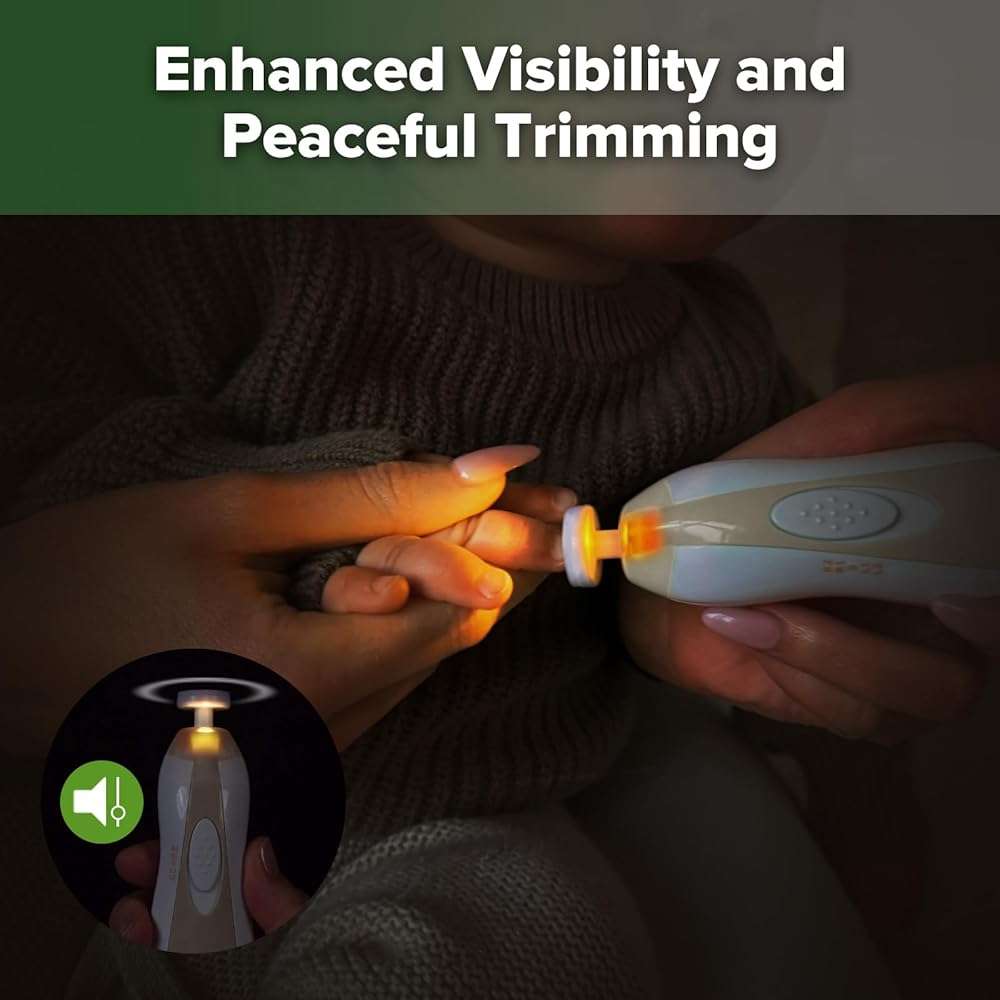 haakaa Electric Baby Nail Trimmer for Newborns, Infants & Toddlers – Safe & Gentle Nail Care, Whisper-Quiet with LED Light, Baby Nail Care Kit, Includes 6 Replacement Heads & Storage Case, Acorn - Image 7