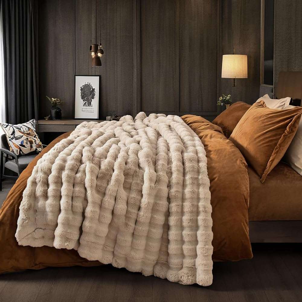 PHF Luxury Faux Rabbit Fur Throw Blanket, Ultra Soft Fluffy Plush Cozy Warm Bubble Blanket for Bed, Couch, Chair, Sofa Decorative, Thick Reversible Throw Suitable for Fall & Winter, 50" x 60", Oak - Image 2