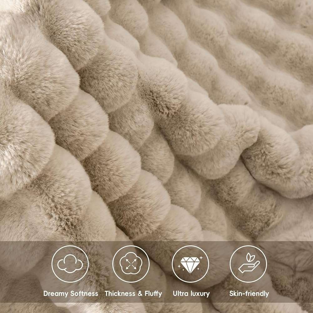PHF Luxury Faux Rabbit Fur Throw Blanket, Ultra Soft Fluffy Plush Cozy Warm Bubble Blanket for Bed, Couch, Chair, Sofa Decorative, Thick Reversible Throw Suitable for Fall & Winter, 50" x 60", Oak - Image 3
