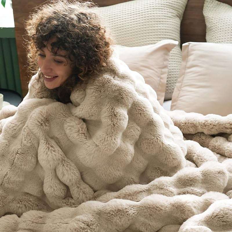 PHF Luxury Faux Rabbit Fur Throw Blanket, Ultra Soft Fluffy Plush Cozy Warm Bubble Blanket for Bed, Couch, Chair, Sofa Decorative, Thick Reversible Throw Suitable for Fall & Winter, 50" x 60", Oak - Image 4