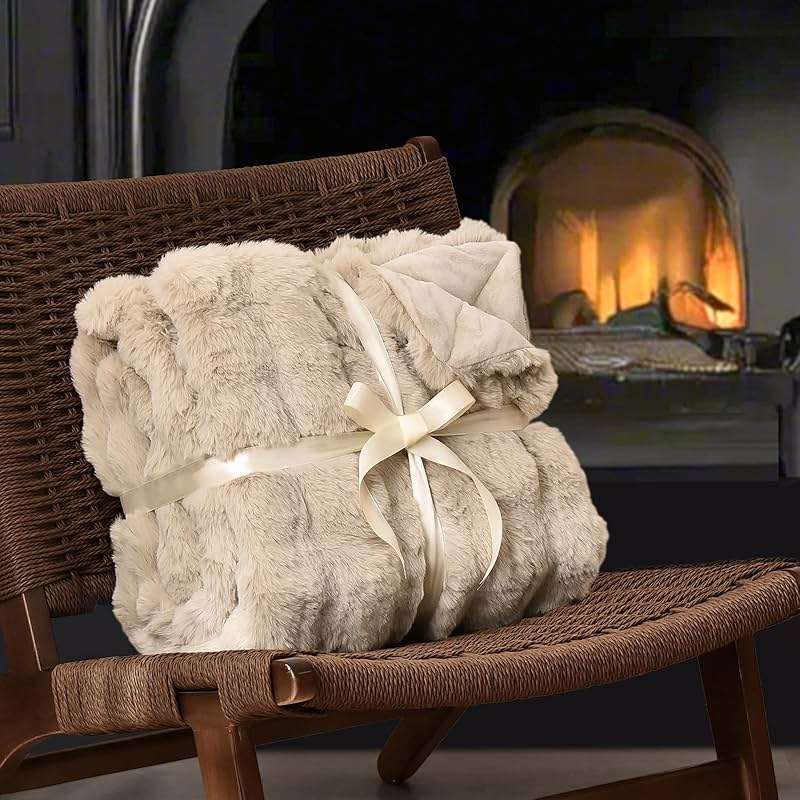 PHF Luxury Faux Rabbit Fur Throw Blanket, Ultra Soft Fluffy Plush Cozy Warm Bubble Blanket for Bed, Couch, Chair, Sofa Decorative, Thick Reversible Throw Suitable for Fall & Winter, 50" x 60", Oak - Image 6