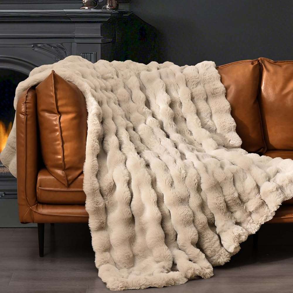 PHF Luxury Faux Rabbit Fur Throw Blanket, Ultra Soft Fluffy Plush Cozy Warm Bubble Blanket for Bed, Couch, Chair, Sofa Decorative, Thick Reversible Throw Suitable for Fall & Winter, 50" x 60", Oak - Image 7