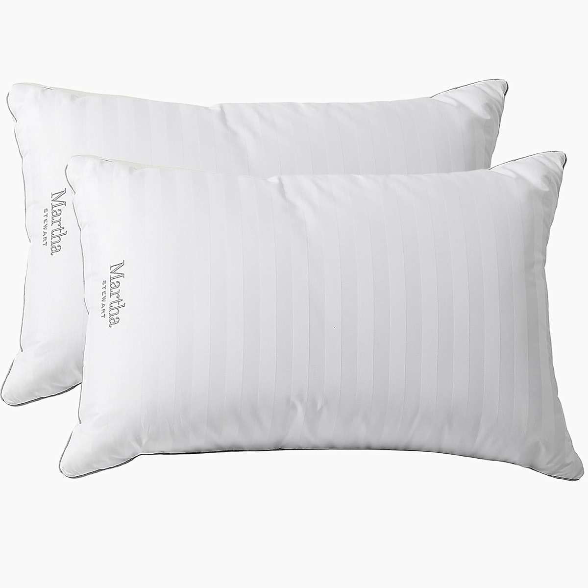 Martha Stewart Medium Soft Feather Down 100% Cotton 500 Thread Count Damask Stripe Embroidered Queen Size Set of 2 - Image 1