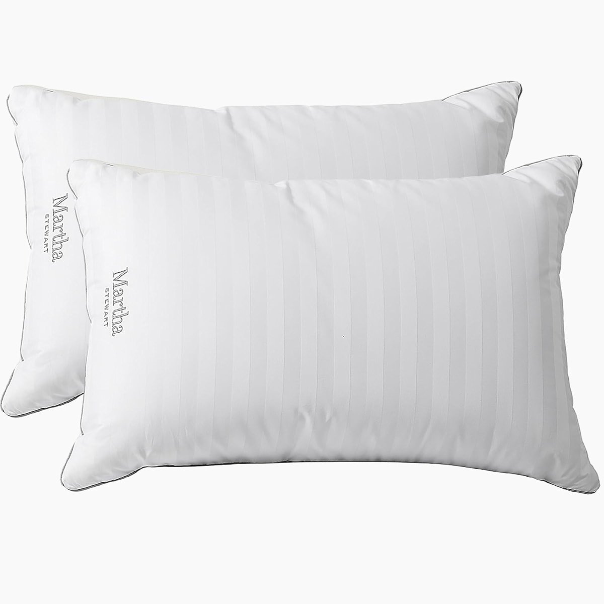 Martha Stewart Medium Soft Feather Down 100% Cotton 500 Thread Count Damask Stripe Embroidered Queen Size Set of 2 - Product Image