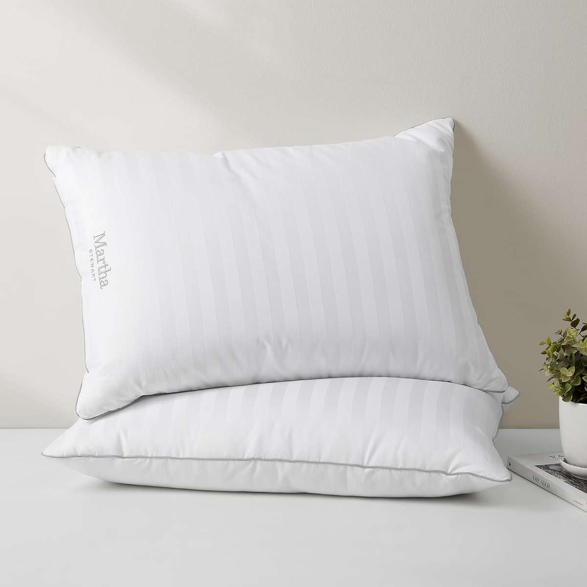 Martha Stewart Medium Soft Feather Down 100% Cotton 500 Thread Count Damask Stripe Embroidered Queen Size Set of 2 - Image 2