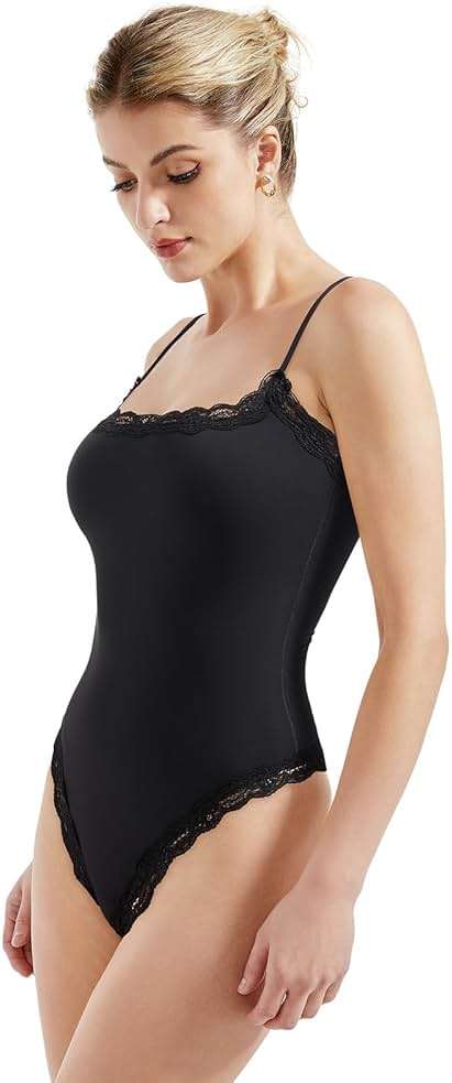 SUUKSESS Women Square Neck Lace Bodysuit Sleeveless Spaghetti Strap Tank Top - Image 2
