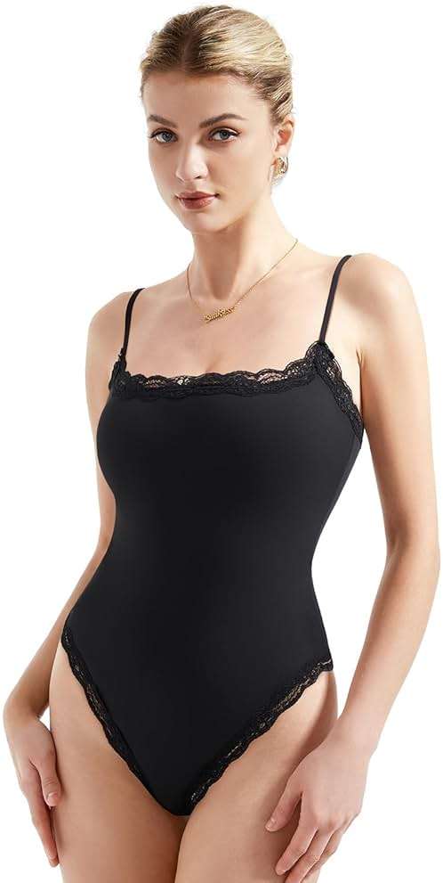 SUUKSESS Women Square Neck Lace Bodysuit Sleeveless Spaghetti Strap Tank Top - Image 4