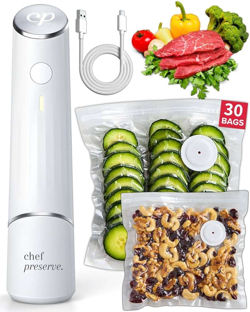 Chef Preserve Compact Vacuum Sealer for Food (Vacuum Sealer Machine + 30 Reusable Vacuum Bags) Powerful Handheld Vacuum Sealer Machine, Seal Meal Saver, Portable Food Sealer - Image 1