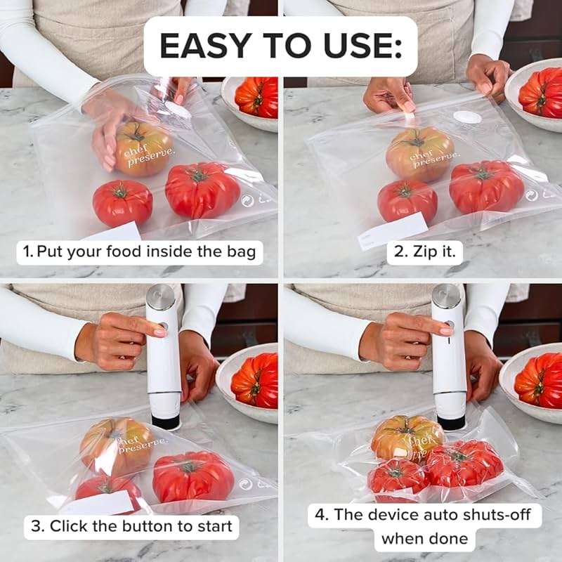 Chef Preserve Compact Vacuum Sealer for Food (Vacuum Sealer Machine + 30 Reusable Vacuum Bags) Powerful Handheld Vacuum Sealer Machine, Seal Meal Saver, Portable Food Sealer - Image 6