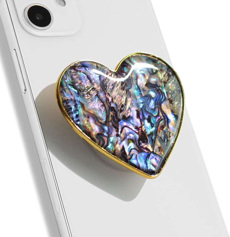 OnTheGrip Cute Natural Seashell Design Heart Shape Collapsible Mobile Phone Grip Stand Holder for Smartphone Tablet Cell Phone Accessory (Black Fresh Water) - Image 1