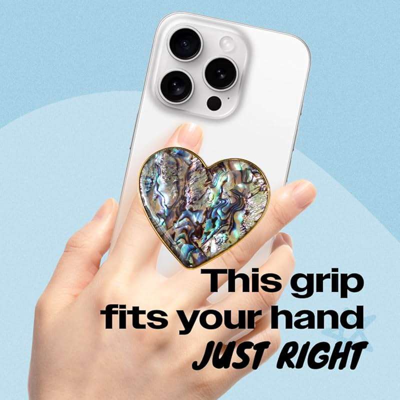 OnTheGrip Cute Natural Seashell Design Heart Shape Collapsible Mobile Phone Grip Stand Holder for Smartphone Tablet Cell Phone Accessory (Black Fresh Water) - Image 2