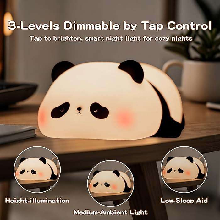 FAMIDUO Panda Night Light for Kids, Silicone Squishy LED Lamp, Food Grade BPA-Free Nursery Nightlight, 3-Level Dimmable Rechargeable, Portable Bedside Desk Decor for Baby Boys Girls, Funny Panda Gifts - Image 3