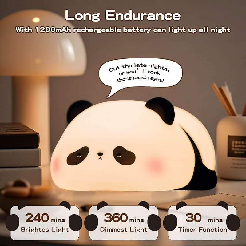 FAMIDUO Panda Night Light for Kids, Silicone Squishy LED Lamp, Food Grade BPA-Free Nursery Nightlight, 3-Level Dimmable Rechargeable, Portable Bedside Desk Decor for Baby Boys Girls, Funny Panda Gifts - Image 5