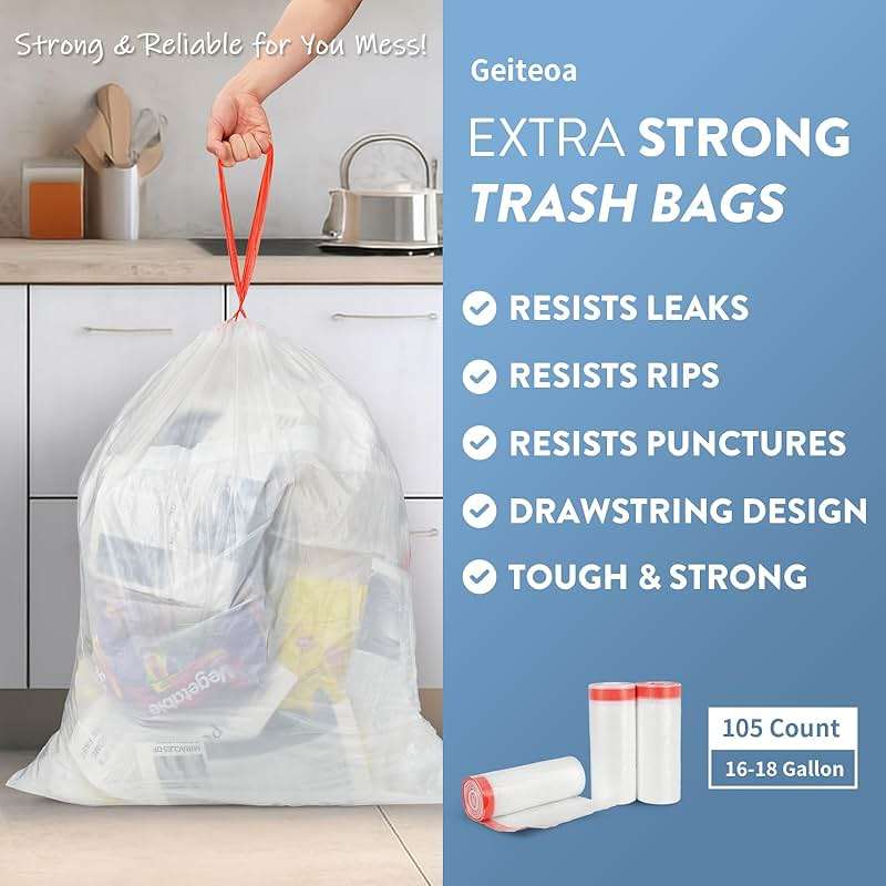 Geiteoa 16-18 Gallon Trash Bags with Drawstring, Clear, Large Strong Trash Can Liners, Heavy Duty Plastic Garbage Bags for Home Kitchen Office Lawn Commercial, (105) - Image 3