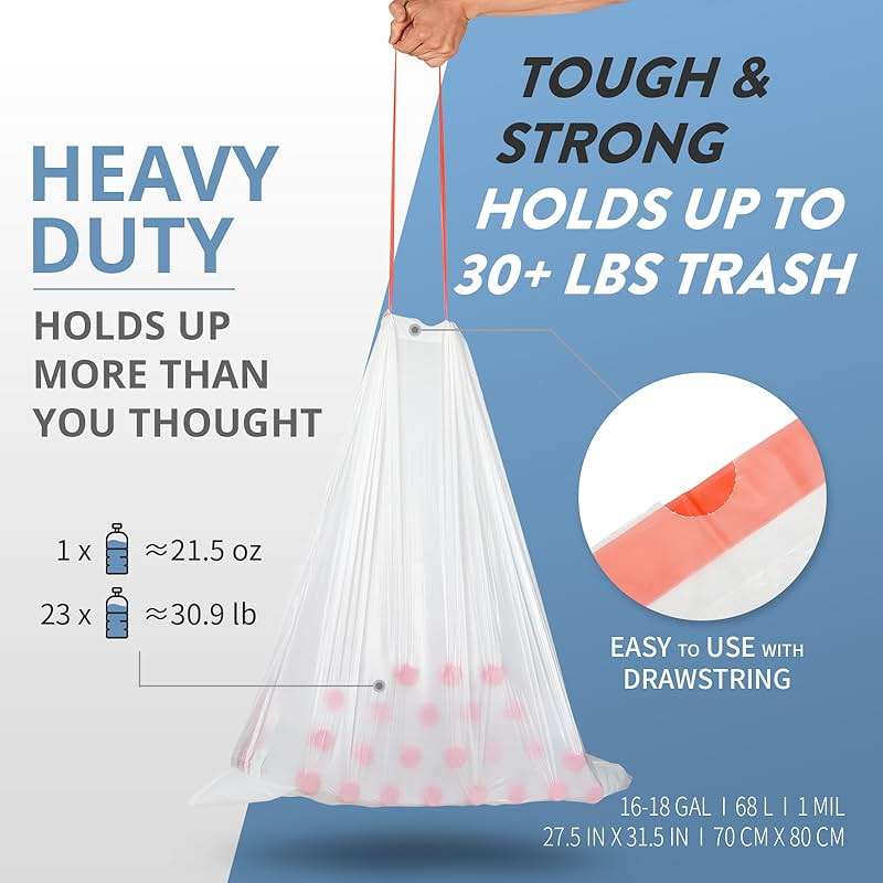 Geiteoa 16-18 Gallon Trash Bags with Drawstring, Clear, Large Strong Trash Can Liners, Heavy Duty Plastic Garbage Bags for Home Kitchen Office Lawn Commercial, (105) - Image 4