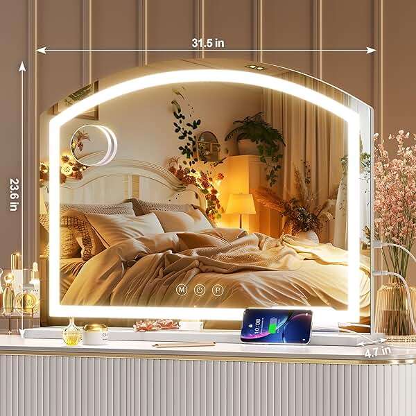 Hasipu Arch Vanity Mirror with Light, Arched Led Makeup Mirror with 10X Magnification, Tabletop Desk Mirror with USB Charging Port, Dimmable 3 Colors Mode, 32" x 24" Inch - Image 2