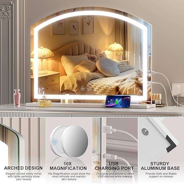 Hasipu Arch Vanity Mirror with Light, Arched Led Makeup Mirror with 10X Magnification, Tabletop Desk Mirror with USB Charging Port, Dimmable 3 Colors Mode, 32" x 24" Inch - Image 5