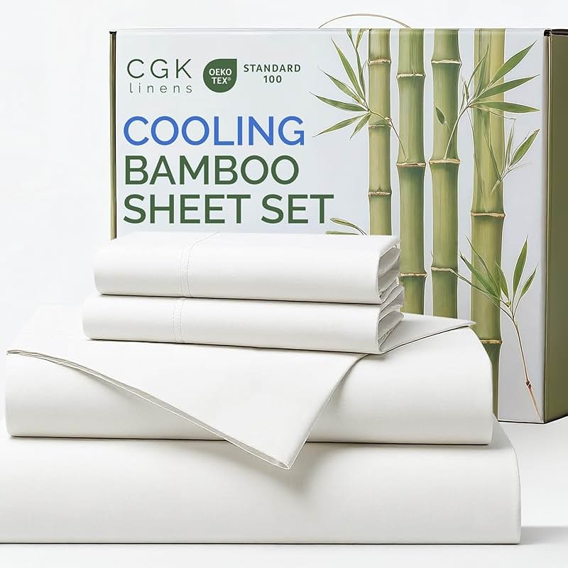 100% Rayon Derived From Bamboo - Bamboo Sheets Queen Size - Cooling Sheets for Queen - Ultra Soft, Breathable & Hotel Luxury Bedding - 1 Flat & 1 Fitted & 2 Pillowcases w/ 18 Inch Deep Pockets - White - Product Image