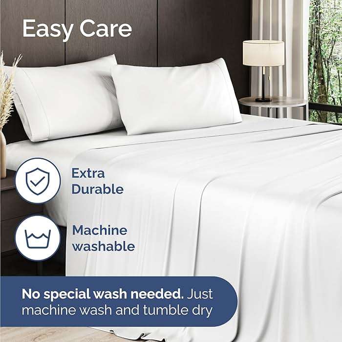 100% Rayon Derived From Bamboo - Bamboo Sheets Queen Size - Cooling Sheets for Queen - Ultra Soft, Breathable & Hotel Luxury Bedding - 1 Flat & 1 Fitted & 2 Pillowcases w/ 18 Inch Deep Pockets - White - Image 7
