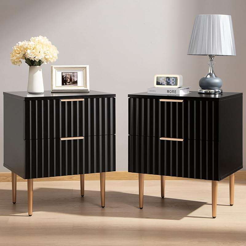 SICOTAS Black Night Stand Set 2, Fluted Glossy Nightstand with 2 Drawers, Wide Modern Storage Bedside Table for Bedroom, End Side Table with Golden Metal Legs and Handles (Black, 2 Pieces) - Image 1