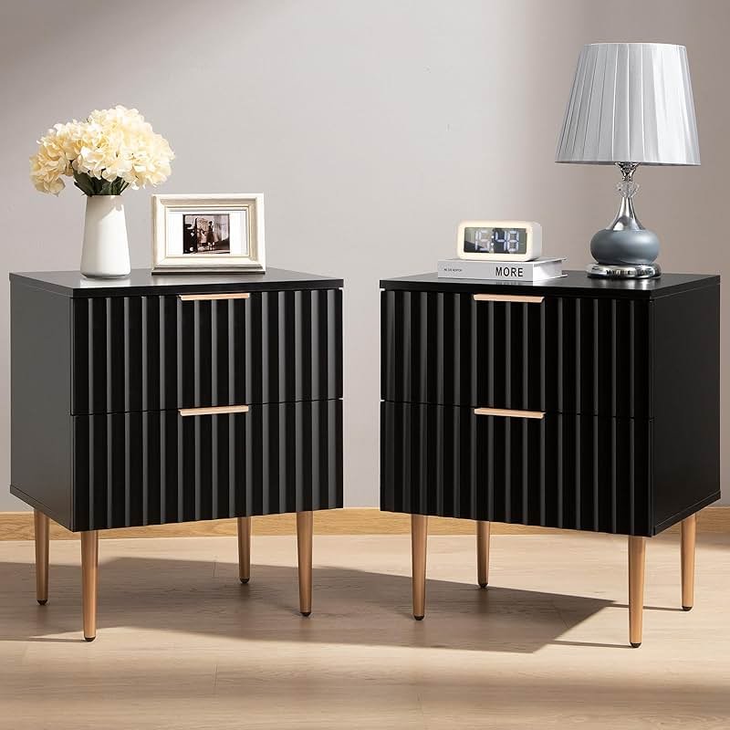 SICOTAS Black Night Stand Set 2, Fluted Glossy Nightstand with 2 Drawers, Wide Modern Storage Bedside Table for Bedroom, End Side Table with Golden Metal Legs and Handles (Black, 2 Pieces) - Product Image