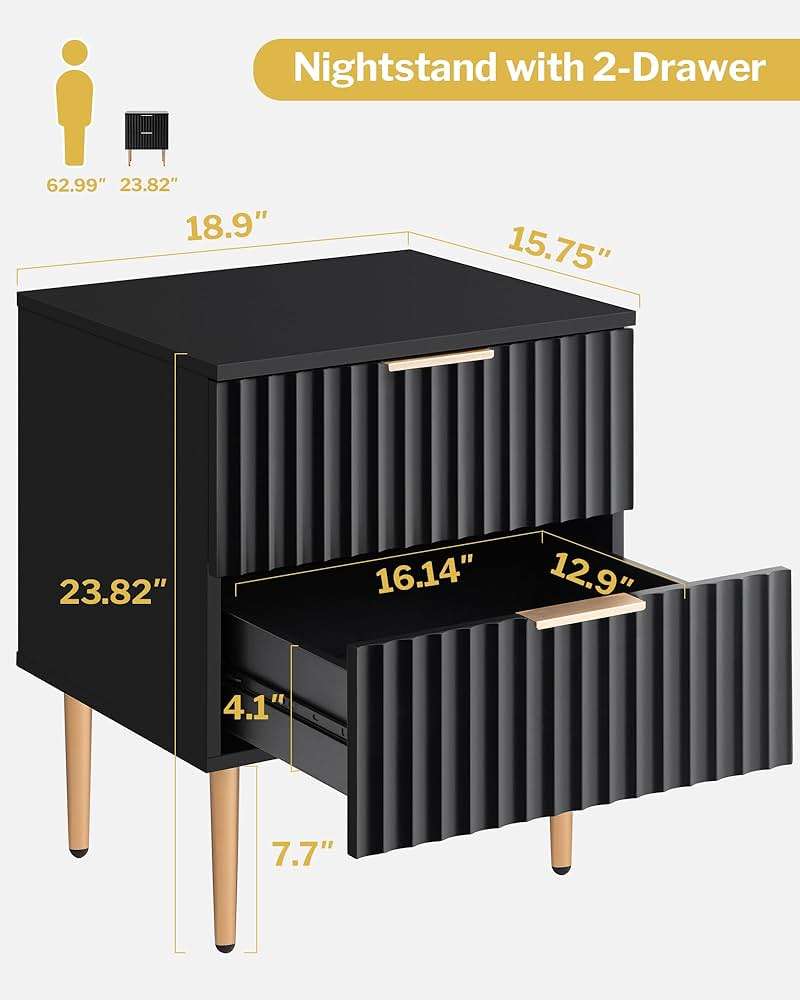 SICOTAS Black Night Stand Set 2, Fluted Glossy Nightstand with 2 Drawers, Wide Modern Storage Bedside Table for Bedroom, End Side Table with Golden Metal Legs and Handles (Black, 2 Pieces) - Image 2