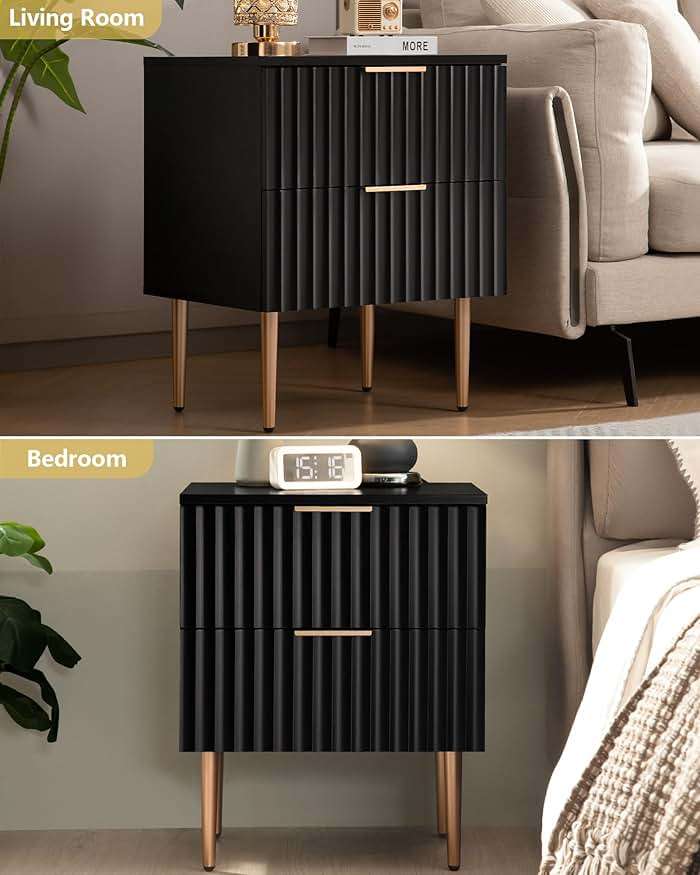 SICOTAS Black Night Stand Set 2, Fluted Glossy Nightstand with 2 Drawers, Wide Modern Storage Bedside Table for Bedroom, End Side Table with Golden Metal Legs and Handles (Black, 2 Pieces) - Image 6